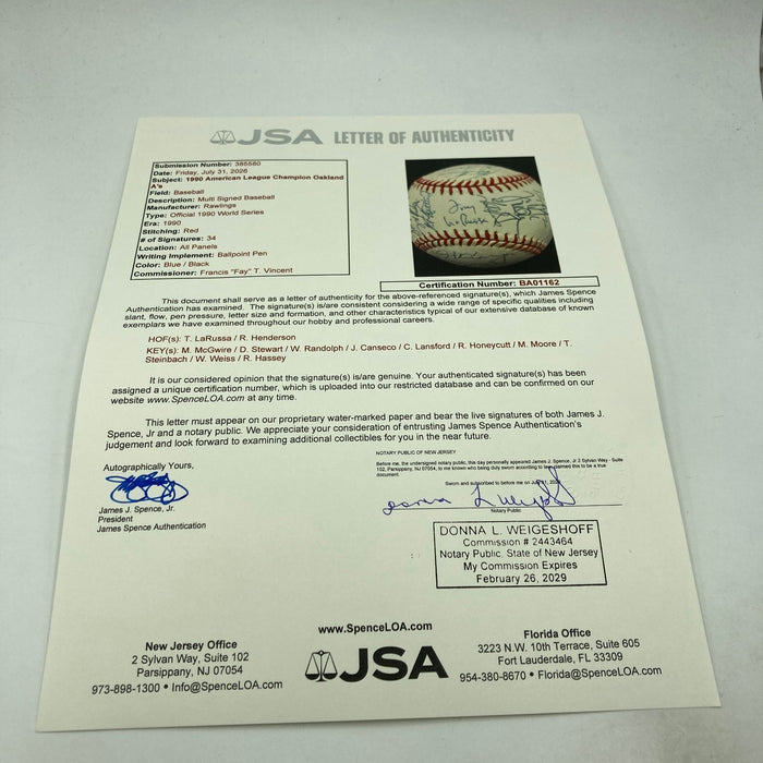 1990 Oakland A's American League Champs Team Signed Baseball JSA COA