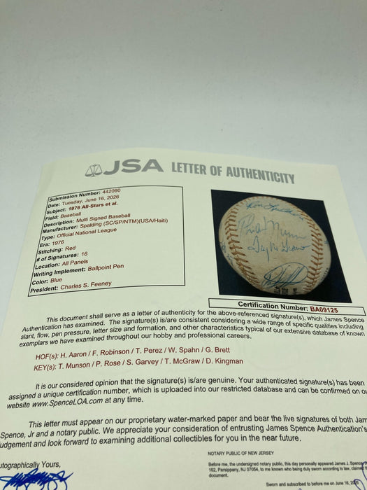 1976 All Star Game Team Signed Baseball Thurman Munson Hank Aaron JSA COA