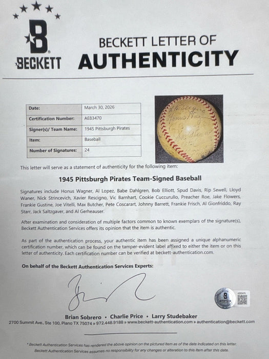 Honus Wagner 1945 Pittsburgh Pirates Team Signed National League Baseball BAS