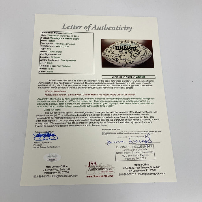 1991 Washington Redskins Super Bowl Champs Team Signed Football JSA COA