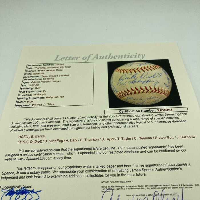 1959 Chicago Cubs Team Signed National League Baseball Ernie Banks JSA COA