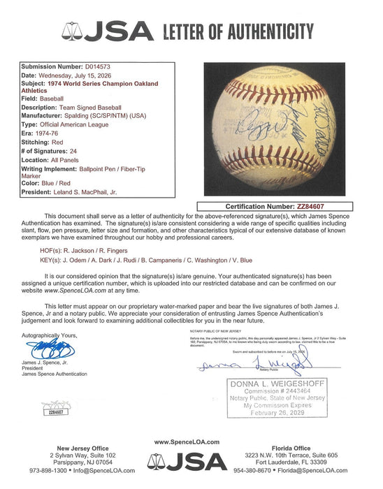 1974 Oakland A’s World Series Champs Team Signed Baseball 24 Sigs JSA COA