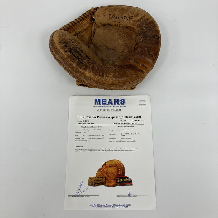 Joe Pignatano 1957 Brooklyn Dodgers Signed Spalding Game Used Catcher's Mitt JSA