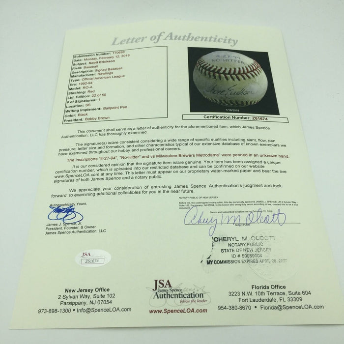 Scott Erickson No Hitter April 27, 1994 Signed Game Used Baseball With JSA COA