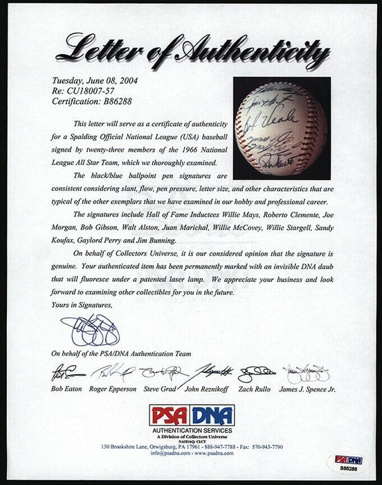 Roberto Clemente Willie Mays Sandy Koufax 1966 All Star Game Signed Baseball PSA