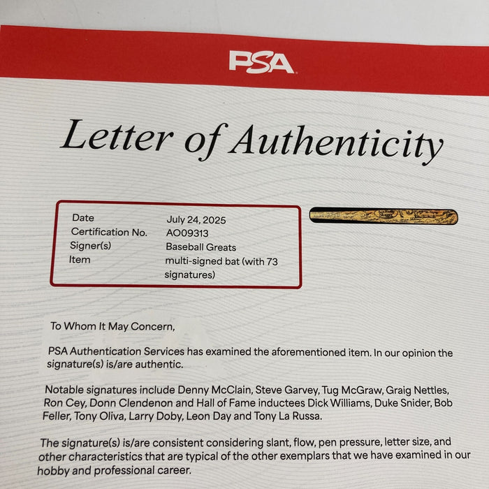 Hall Of Fame & Legends Multi Signed Baseball Bat 73 Sigs PSA DNA COA