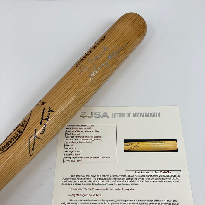Willie Mays & Johnny Mize Signed Louisville Slugger Baseball Bat JSA COA