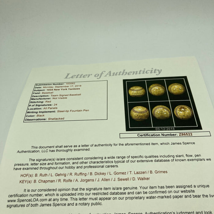 Babe Ruth & Lou Gehrig Sweet Spot 1934 Yankees Team Signed Baseball JSA COA