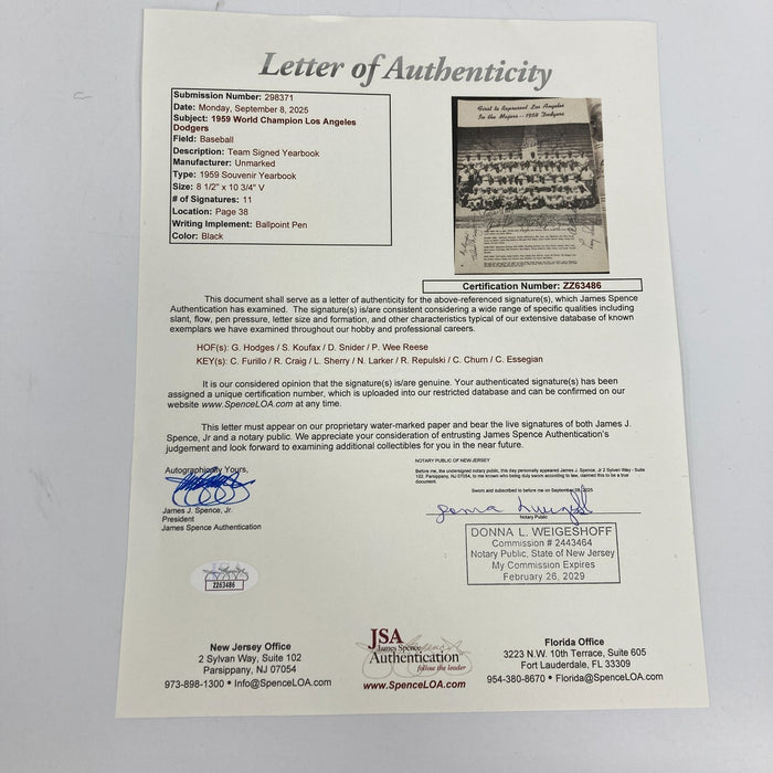1959 Los Angeles Dodgers World Series Champs Team Signed Yearbook Koufax JSA