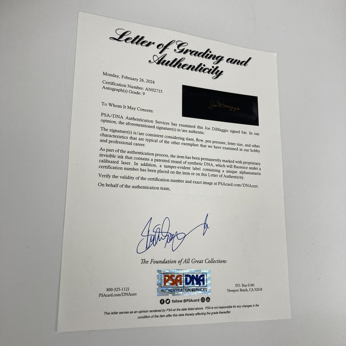 Beautiful Joe Dimaggio Signed Game Model Baseball Bat PSA DNA Graded MINT 9