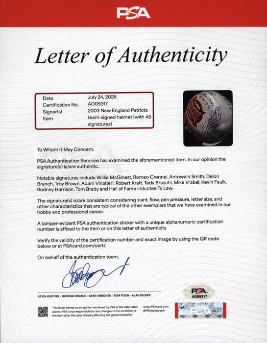 2003 New England Patriots Super Bowl Champs Team Signed Helmet Tom Brady PSA DNA