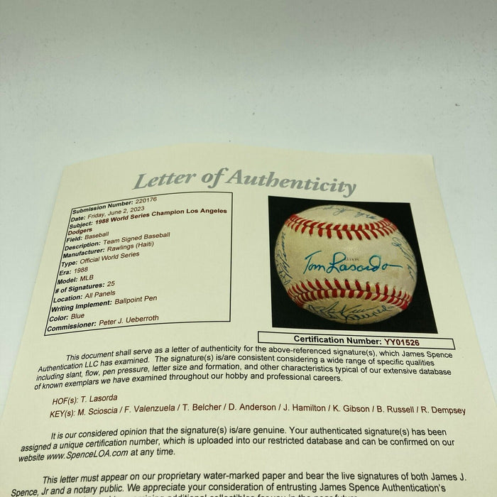1988 Los Angeles Dodgers World Series Champs Team Signed Baseball JSA COA