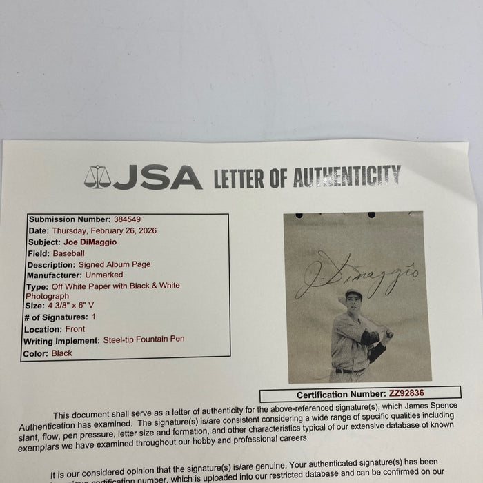 Joe Dimaggio 1930's Rookie Era Signed Album Page JSA COA