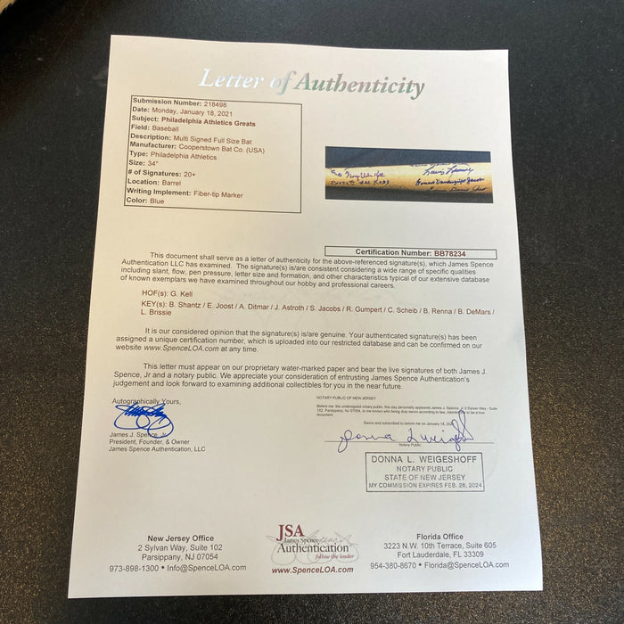 Rare Philadelphia Athletics Legends Full Name Signed Inscribed Bat With JSA COA