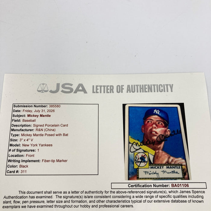 1952 Topps Mickey Mantle Signed Porcelain Baseball Card RC JSA COA Auto
