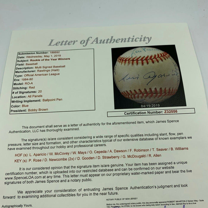 Extraordinary Rookie Of The Year Signed Baseball (20) Willie Mays Tom Seaver JSA