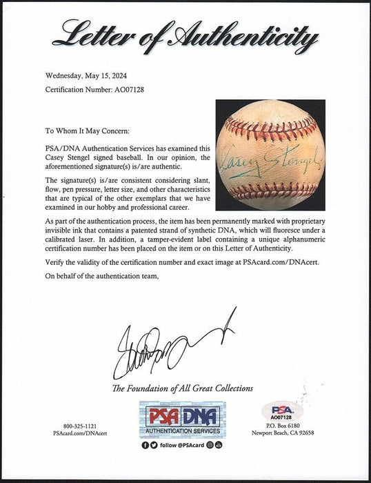 Casey Stengel Signed Single Signed Baseball PSA DNA COA