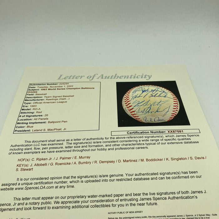 1983 Baltimore Orioles World Champions Team Signed Baseball Cal Ripken JSA