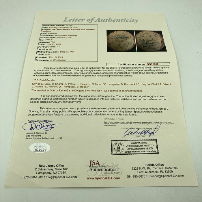1954 Dodgers VS A's Hall Of Fame Game Team Signed Baseball Chief Bender JSA COA