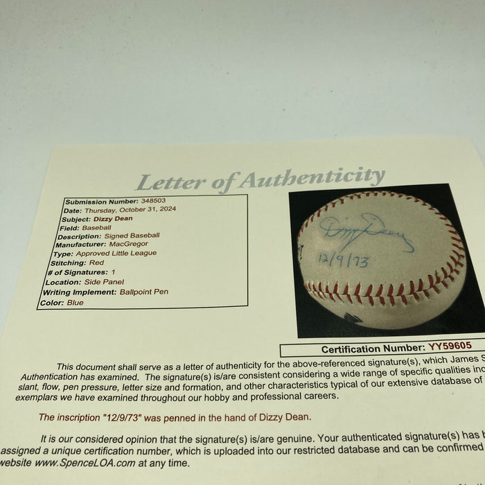Mint Dizzy Dean Signed Vintage Baseball With JSA COA