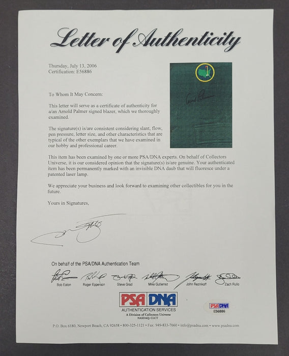 Arnold Palmer Signed Green Golf Jacket The Masters PGA PSA DNA JSA Beckett COA