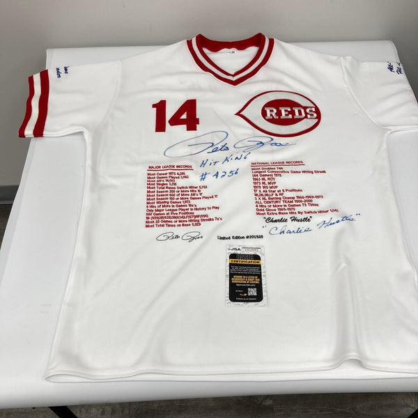 Pete Rose "Hit King #4256 Charlie Hustle" Signed Cincinnati Reds Jersey JSA COA