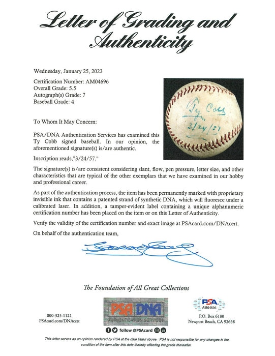Beautiful Ty Cobb Single Signed Baseball PSA DNA COA
