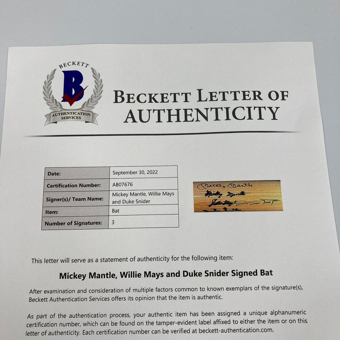 Mickey Mantle Willie Mays & Duke Snider Signed Baseball Bat With Beckett COA
