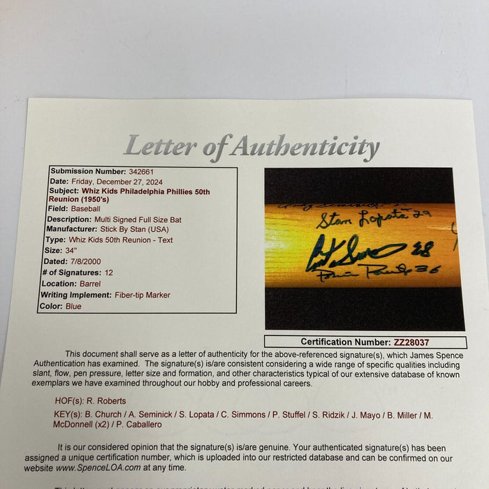 1950 Philadelphia Phillies Whiz Kids NL Champions Team Signed Bat With JSA COA