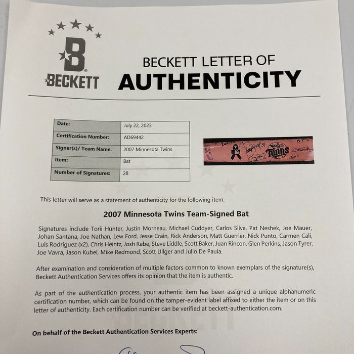 2007 Minnesota Twins Team Signed Mother's Day Baseball Bat Joe Mauer Beckett COA