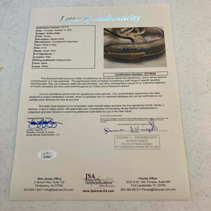 RARE Arthur Ashe Signed Game Used Le Coq Sportif ASHE Tennis Shoe JSA COA