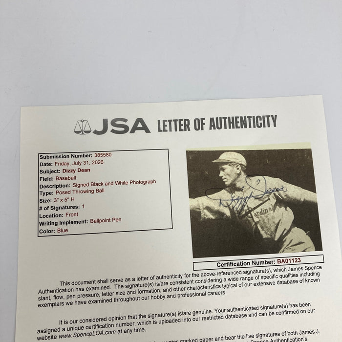 Rare Dizzy Dean Signed 1930's Baseball Photo JSA COA