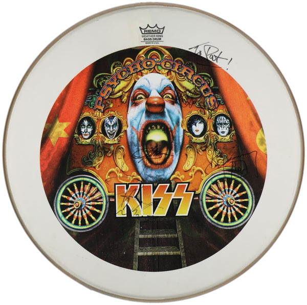 Kiss Band Signed Drumhead Gene Simmons Paul Stanley Ace Frehley Peter Criss BAS