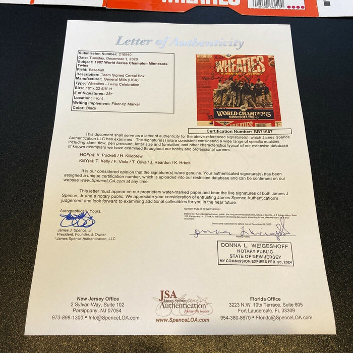 1987 Minnesota Twins World Series Champs Team Signed Wheaties Box With JSA COA