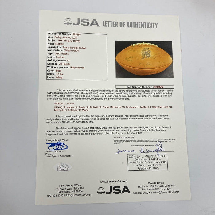 1973 USC Trojans Pac-8 champions Team Signed Football Lynn Swann JSA COA