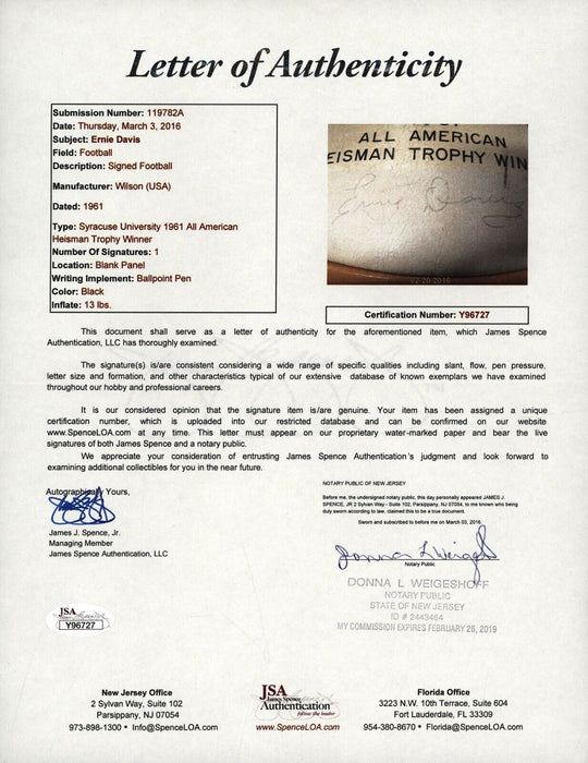 Ernie Davis Single Signed 1961 Syracuse Heisman Trophy Presentation Football JSA