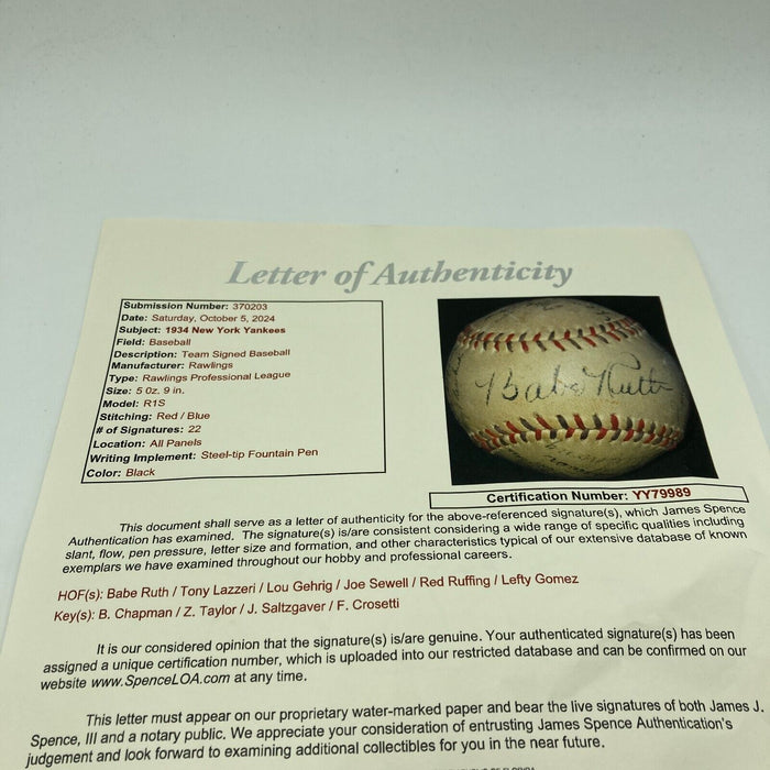 Babe Ruth & Lou Gehrig 1934 New York Yankees Team Signed Baseball JSA COA