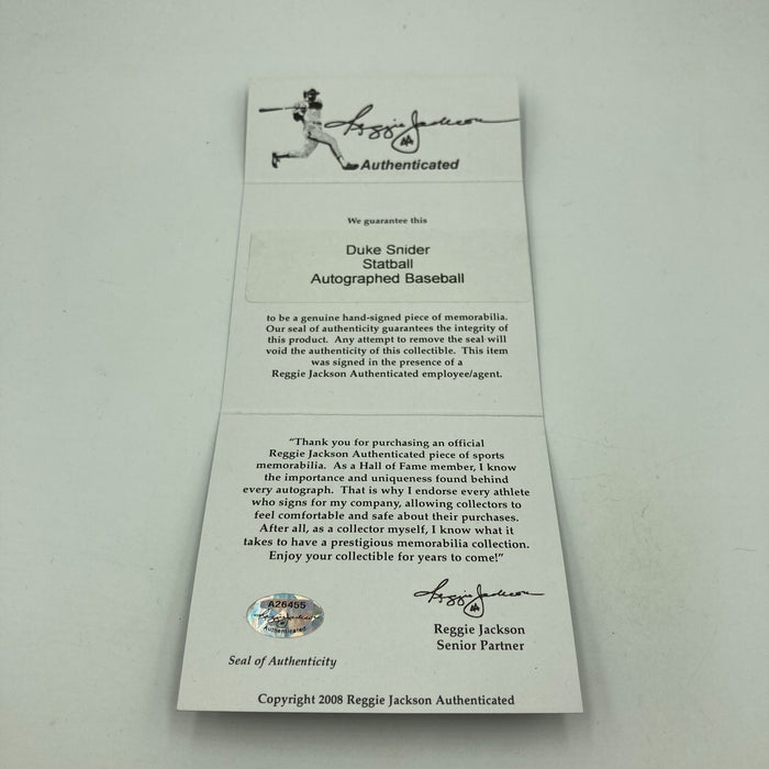 Duke Snider Signed Heavily Inscribed Career STAT Baseball Reggie Jackson COA