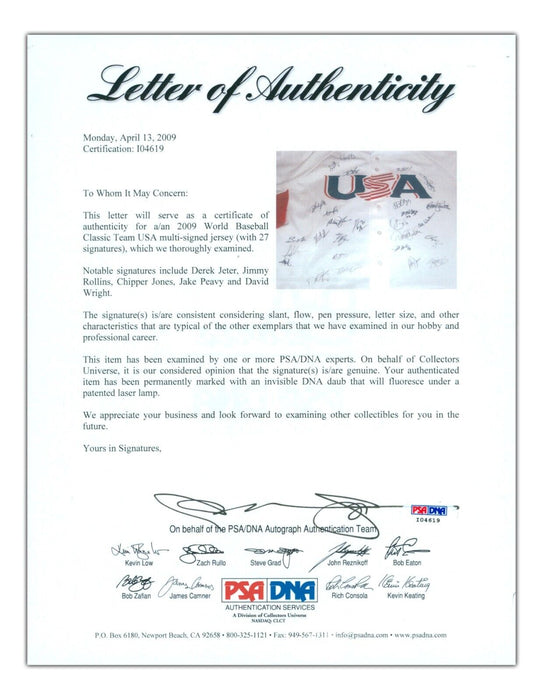 Derek Jeter Chipper Jones 2009 WBC Team USA Team Signed Jersey PSA DNA