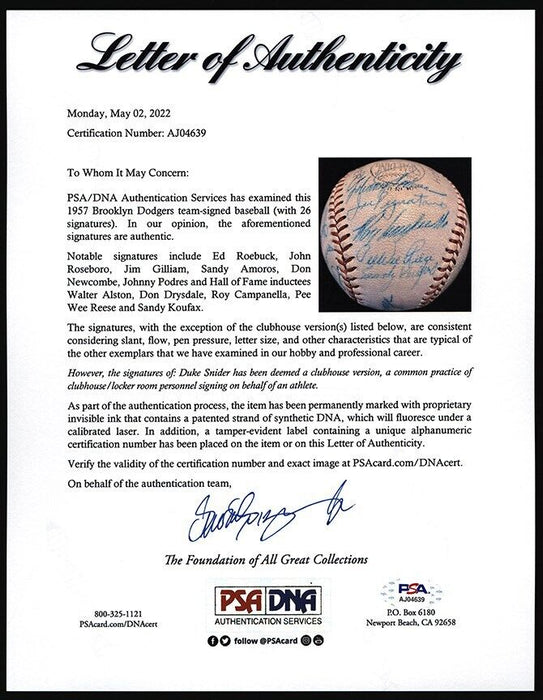 1957 Brooklyn Dodgers Team Signed Baseball Sandy Koufax Roy Campanella PSA DNA