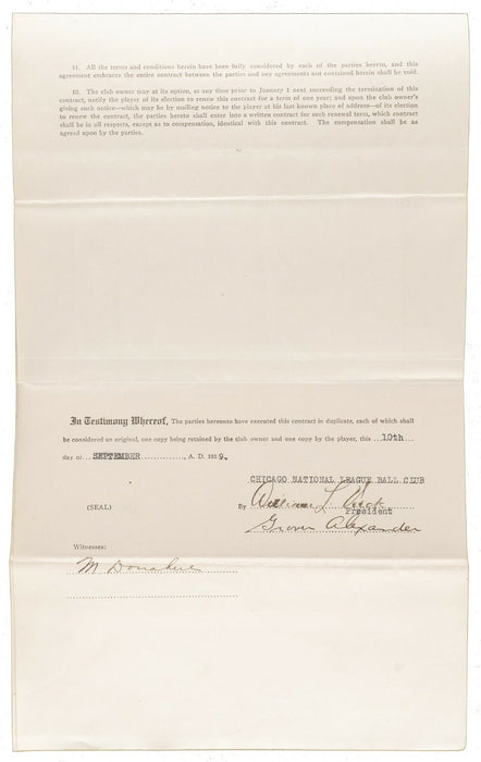 Historic 1920 Grover Alexander Signed Chicago Cubs Contract Triple Crown Season