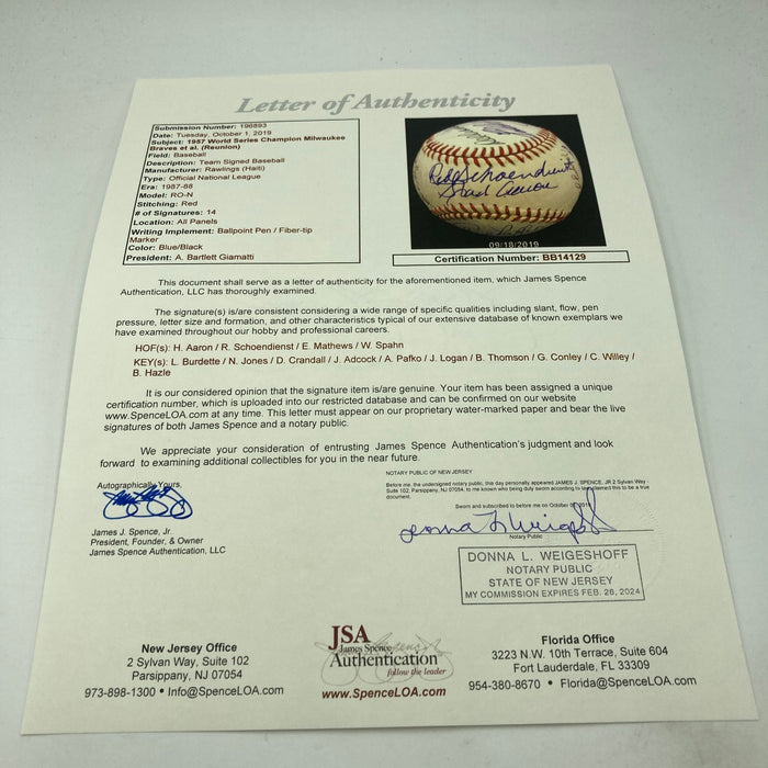 1957 Milwaukee Braves World Series Champs Team Signed Baseball JSA COA