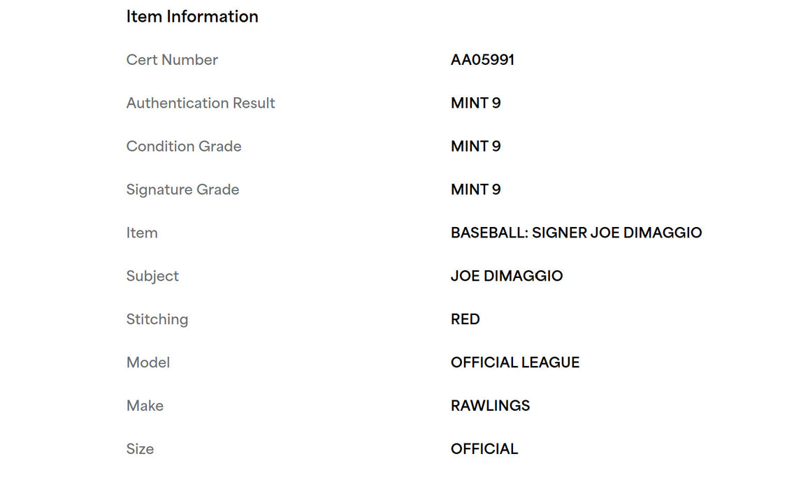 Beautiful Joe Dimaggio Signed American League Baseball PSA Graded MINT 9