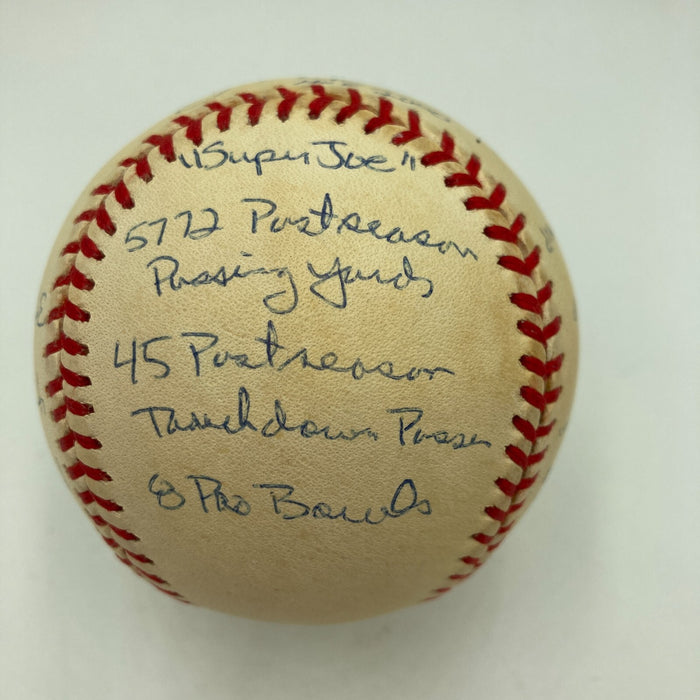 Joe Montana Signed Heavily Inscribed Career STAT Baseball Reggie Jackson COA