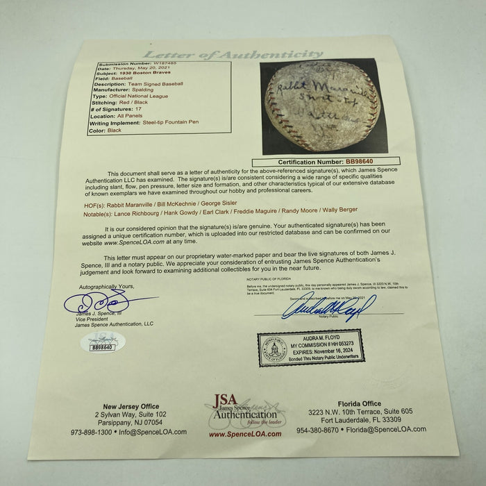Bill McKechnie George Sisler Rabbit Maranville Braves Team Signed Baseball JSA