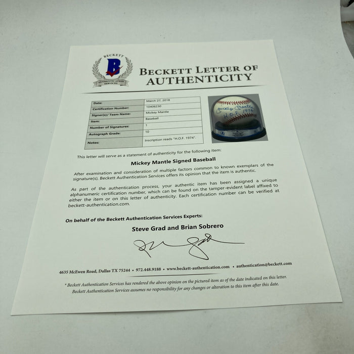 Mickey Mantle Signed American League Baseball BGS Graded 10 GEM MINT Beckett