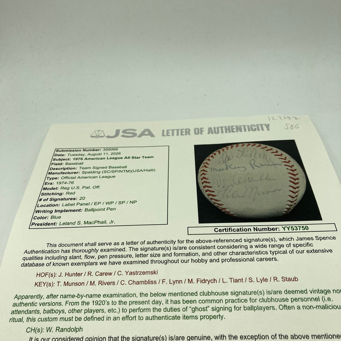 1976 American League All Star Game Team Signed Baseball Thurman Munson JSA COA