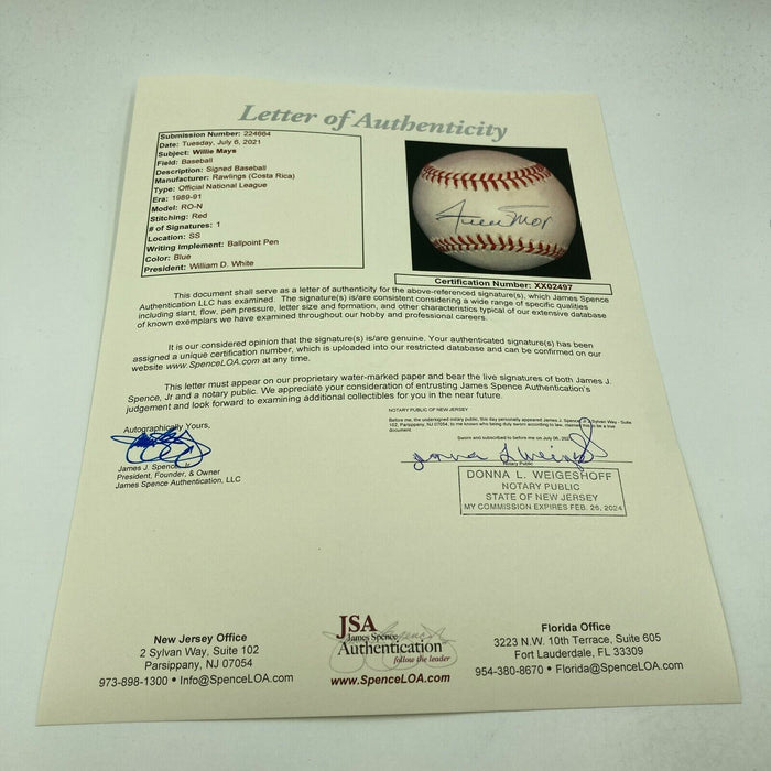 Beautiful Willie Mays Signed Autographed National League Baseball JSA COA