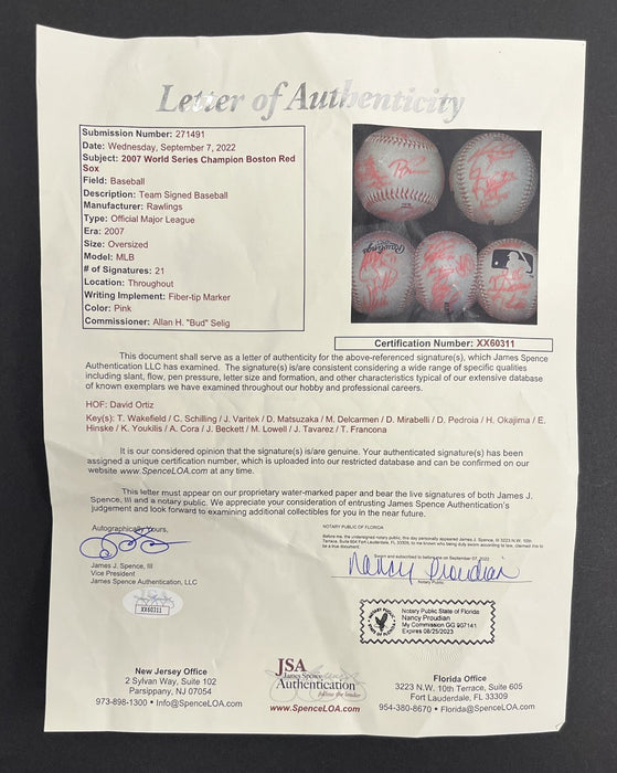 2007 Boston Red Sox World Series Champs Team Signed Jumbo Baseball JSA COA