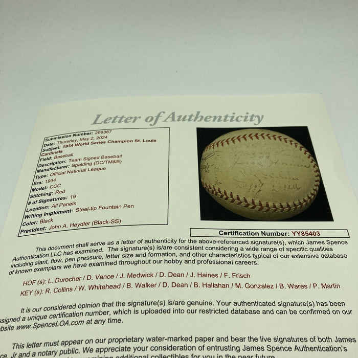 1934 St. Louis Cardinals World Series Champs Team Signed Baseball With JSA COA